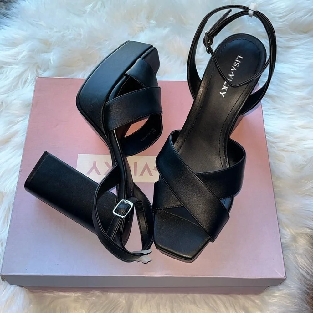 🆕 Lisa Vicky Leather Strappy Platform Heel Sandals Black Size 8